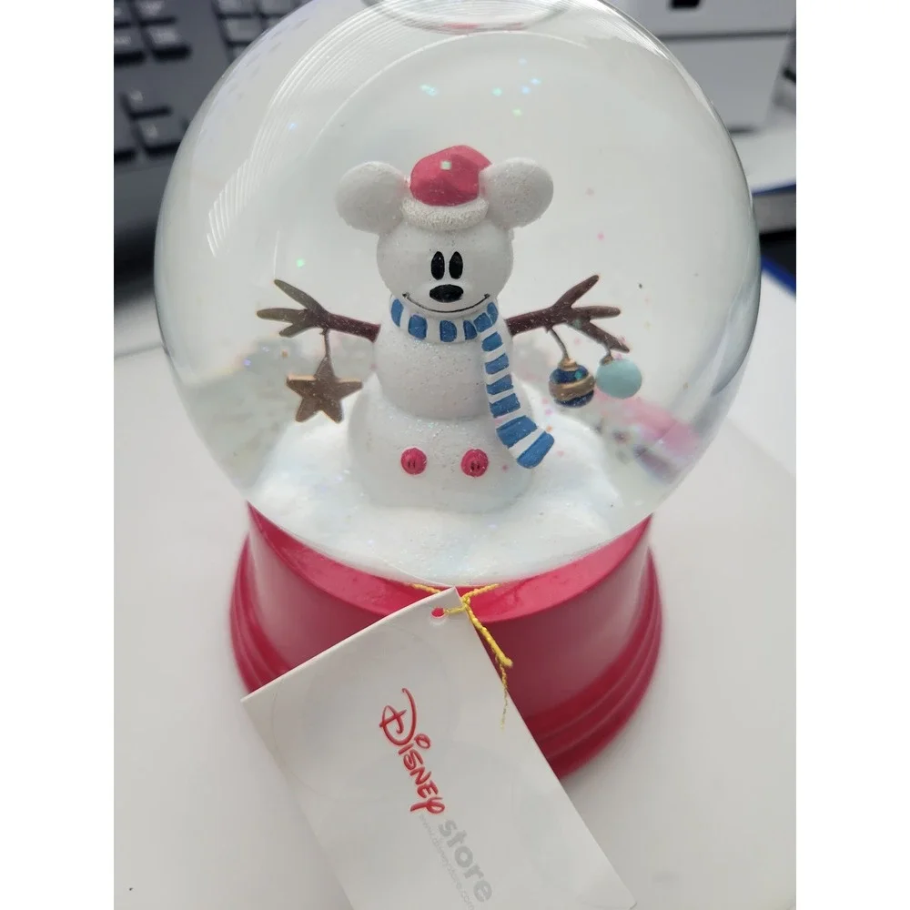 Disney Store Mickey Mouse Snowman Snow Globe Christmas Holiday Red Base New